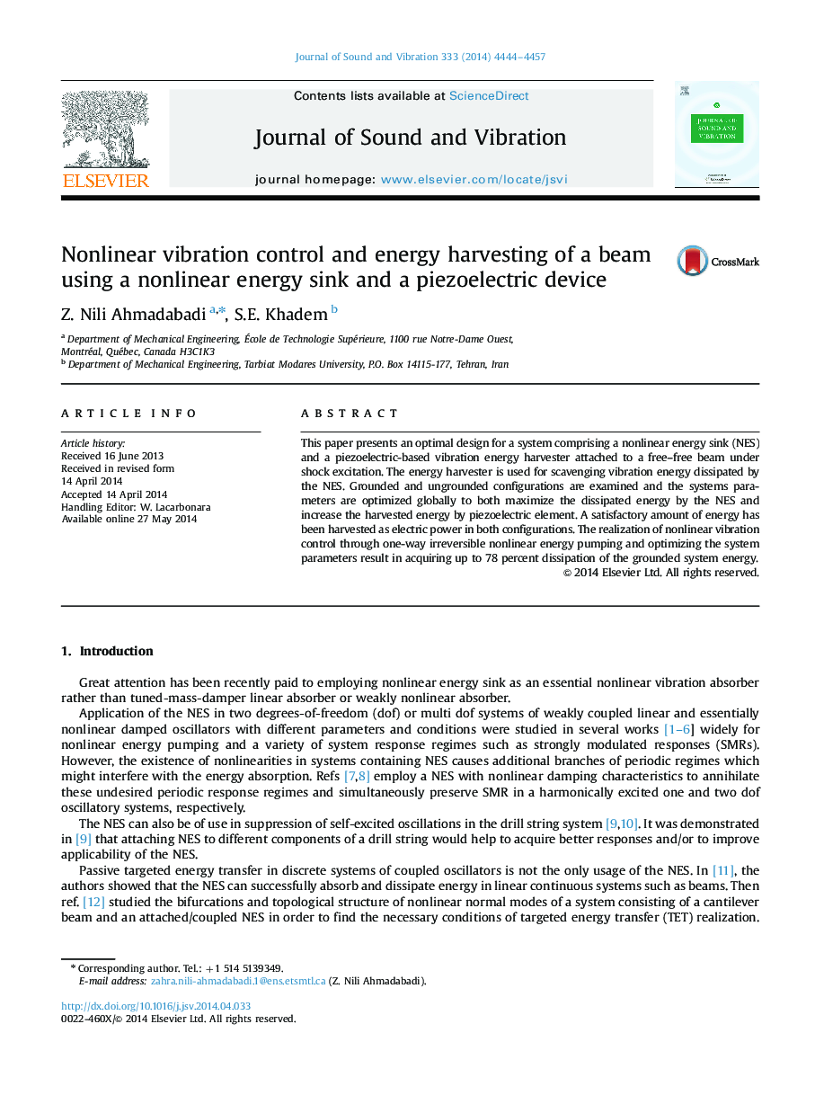 Nonlinear vibration control and energy harvesting of a beam using a nonlinear energy sink and a piezoelectric device