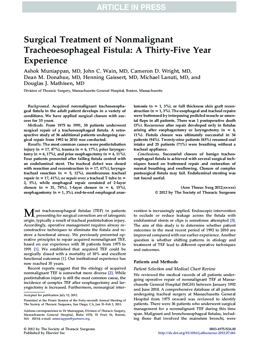 Surgical Treatment of Nonmalignant Tracheoesophageal Fistula: A Thirty-Five Year Experience
