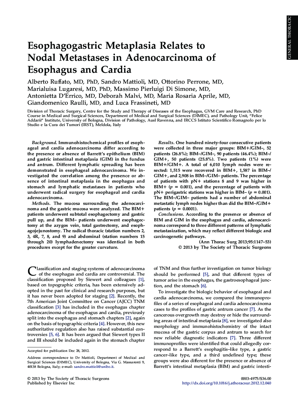 Esophagogastric Metaplasia Relates to Nodal Metastases in Adenocarcinoma of Esophagus and Cardia