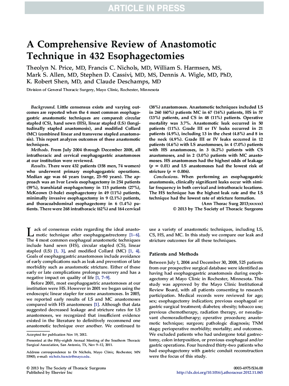 A Comprehensive Review of Anastomotic Technique in 432 Esophagectomies