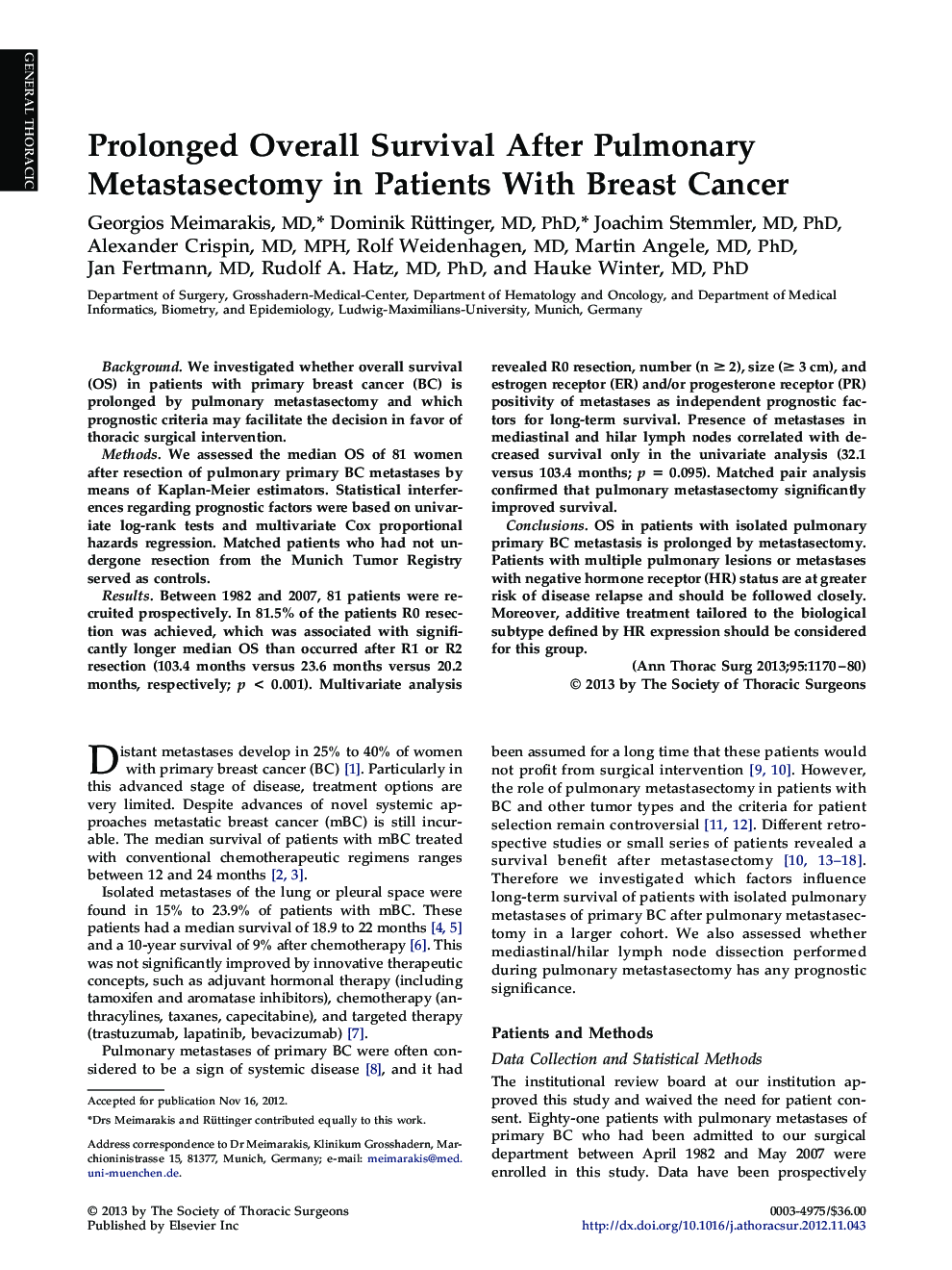 Prolonged Overall Survival After Pulmonary Metastasectomy in Patients With Breast Cancer