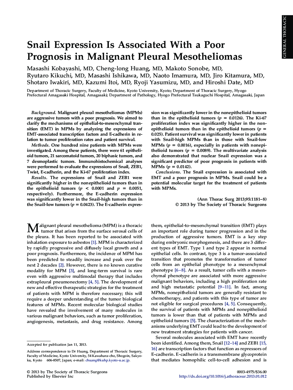 Snail Expression Is Associated With a Poor Prognosis in Malignant Pleural Mesotheliomas