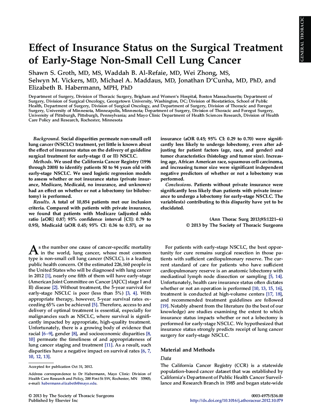 Effect of Insurance Status on the Surgical Treatment of Early-Stage Non-Small Cell Lung Cancer