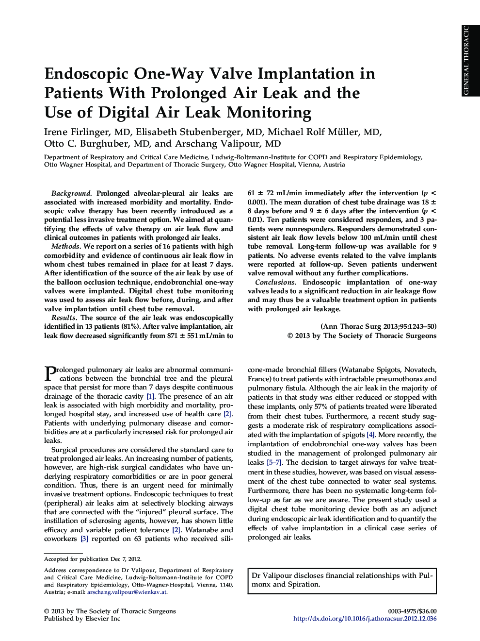 Endoscopic One-Way Valve Implantation in Patients With Prolonged Air Leak and the Use of Digital Air Leak Monitoring