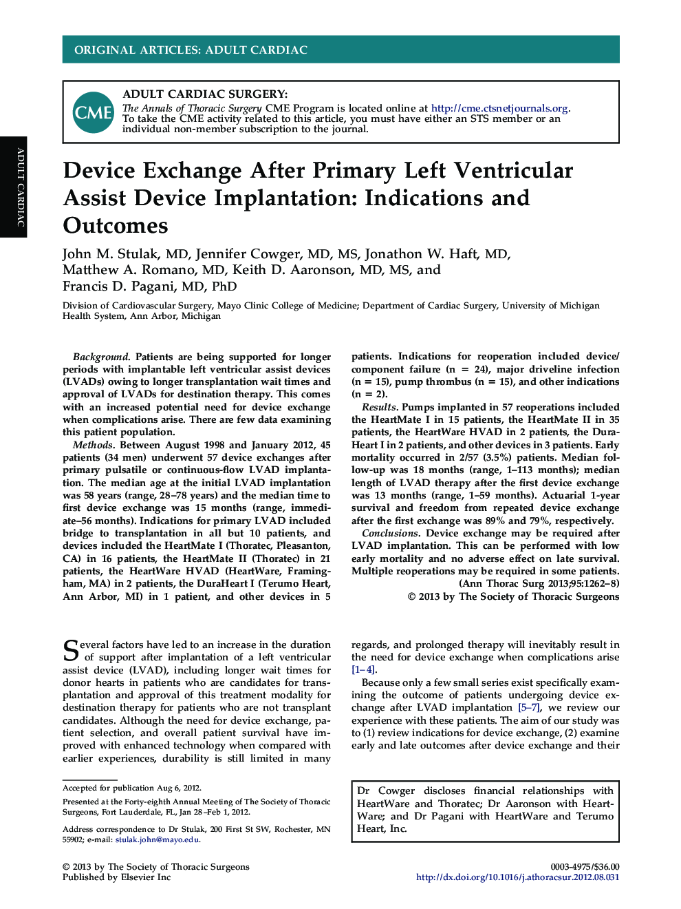 Device Exchange After Primary Left Ventricular Assist Device Implantation: Indications and Outcomes