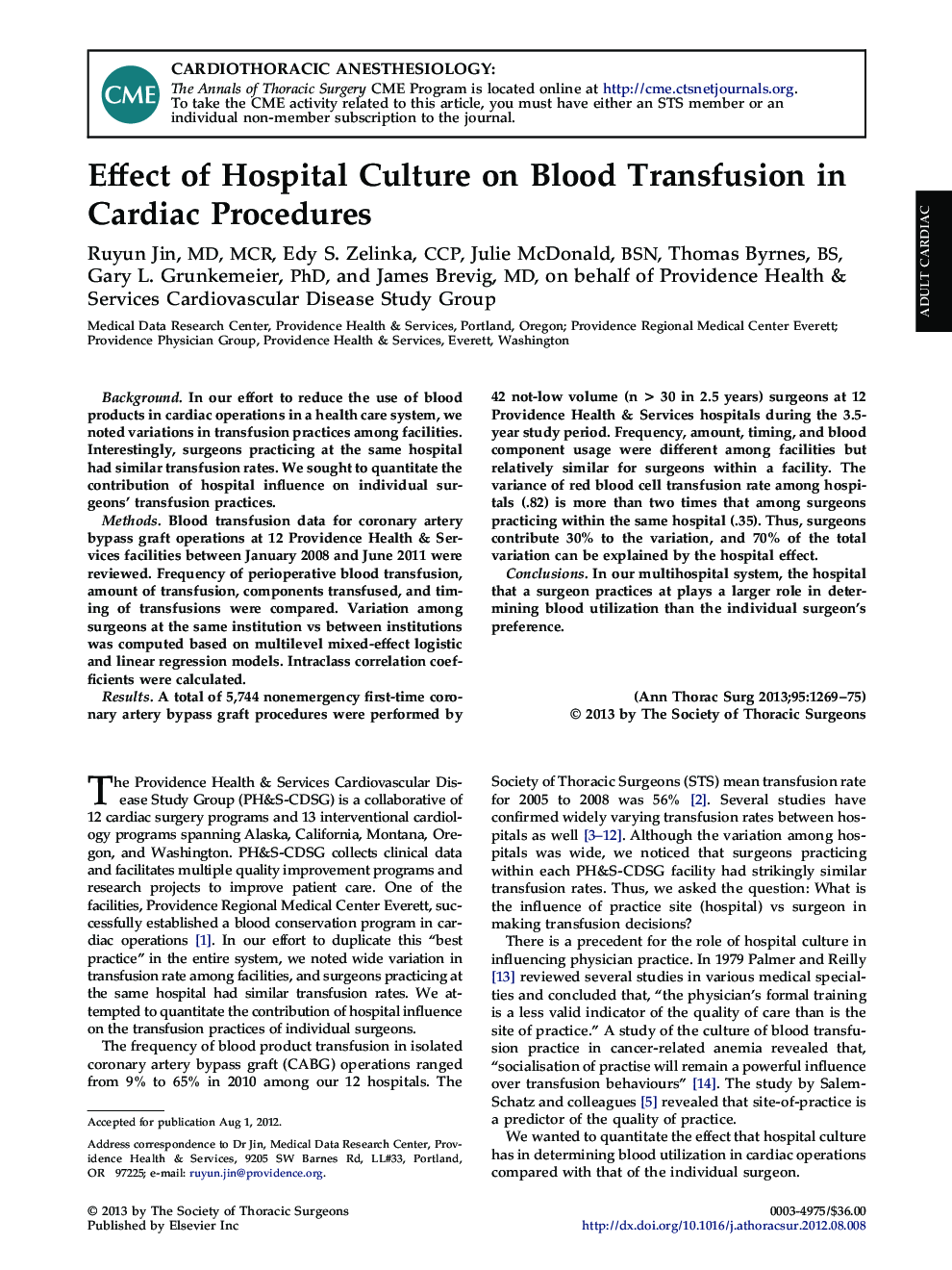 Effect of Hospital Culture on Blood Transfusion in Cardiac Procedures