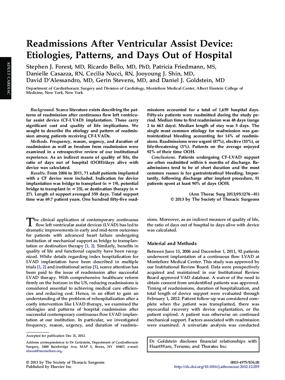 Readmissions After Ventricular Assist Device: Etiologies, Patterns, and Days Out of Hospital