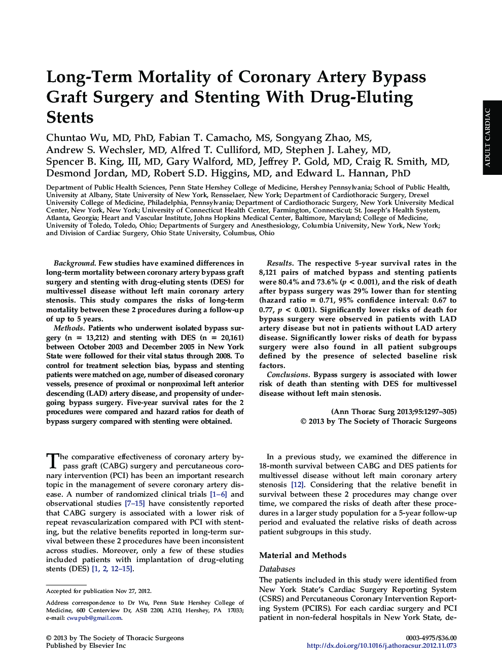 Long-Term Mortality of Coronary Artery Bypass Graft Surgery and Stenting With Drug-Eluting Stents