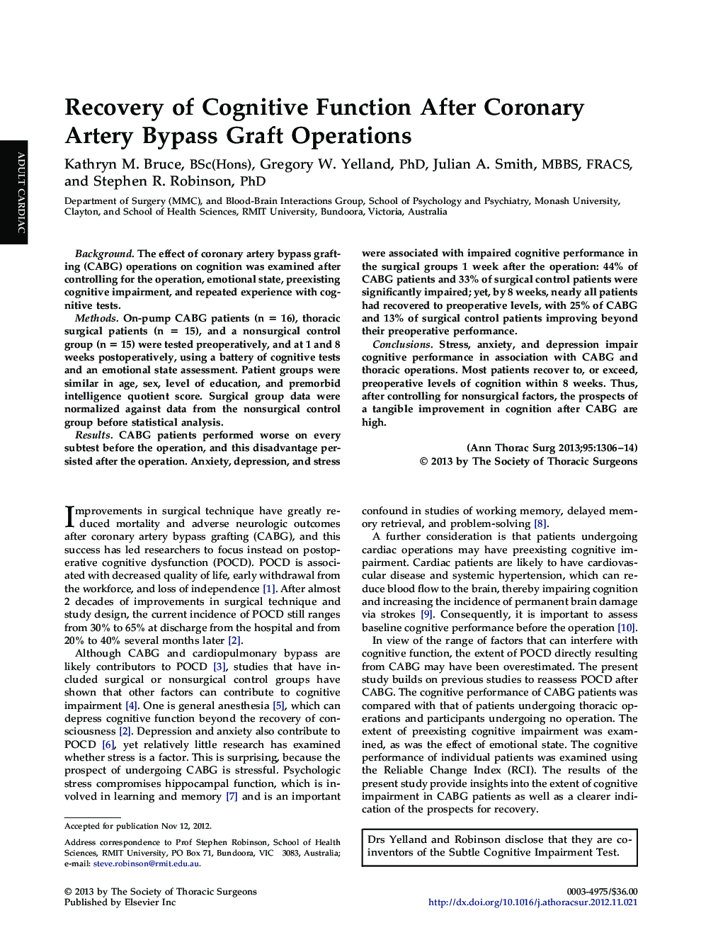 Recovery of Cognitive Function After Coronary Artery Bypass Graft Operations