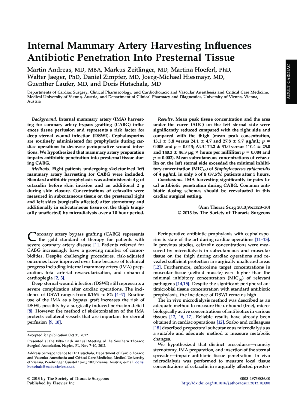 Internal Mammary Artery Harvesting Influences Antibiotic Penetration Into Presternal Tissue