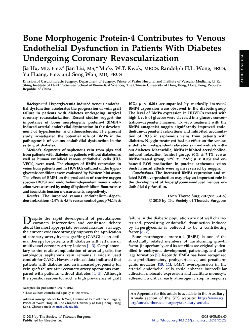 Bone Morphogenic Protein-4 Contributes to Venous Endothelial Dysfunction in Patients With Diabetes Undergoing Coronary Revascularization