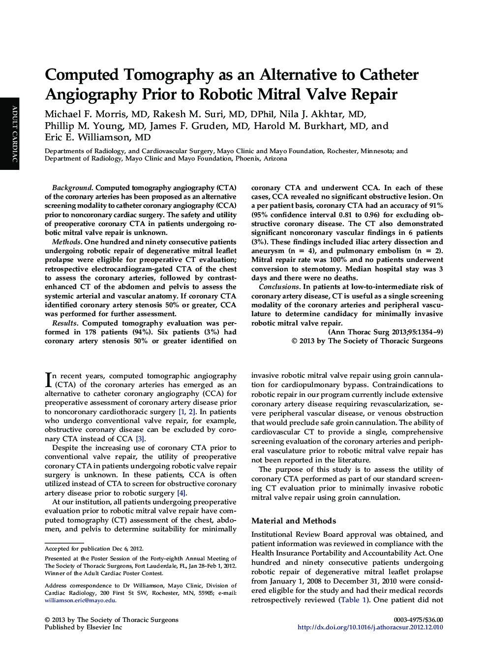 Computed Tomography as an Alternative to Catheter Angiography Prior to Robotic Mitral Valve Repair