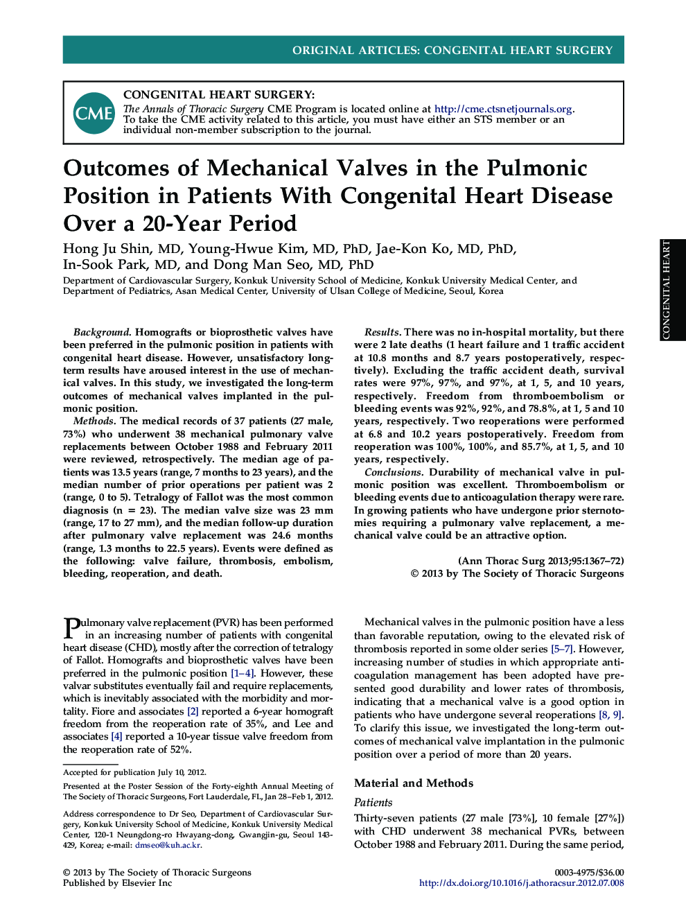 Outcomes of Mechanical Valves in the Pulmonic Position in Patients With Congenital Heart Disease Over a 20-Year Period