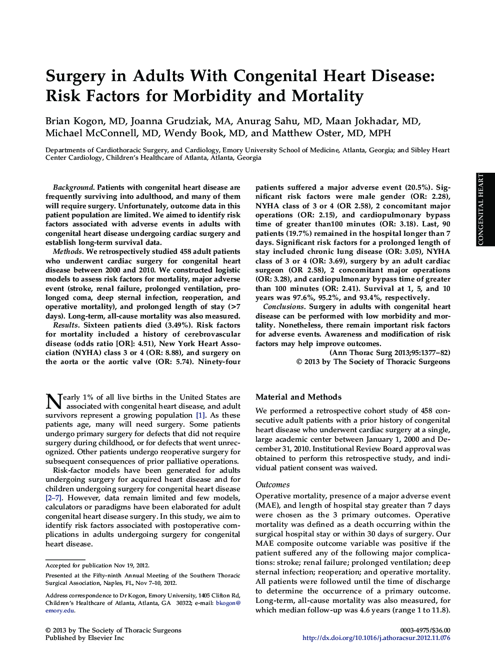 Surgery in Adults With Congenital Heart Disease: Risk Factors for Morbidity and Mortality