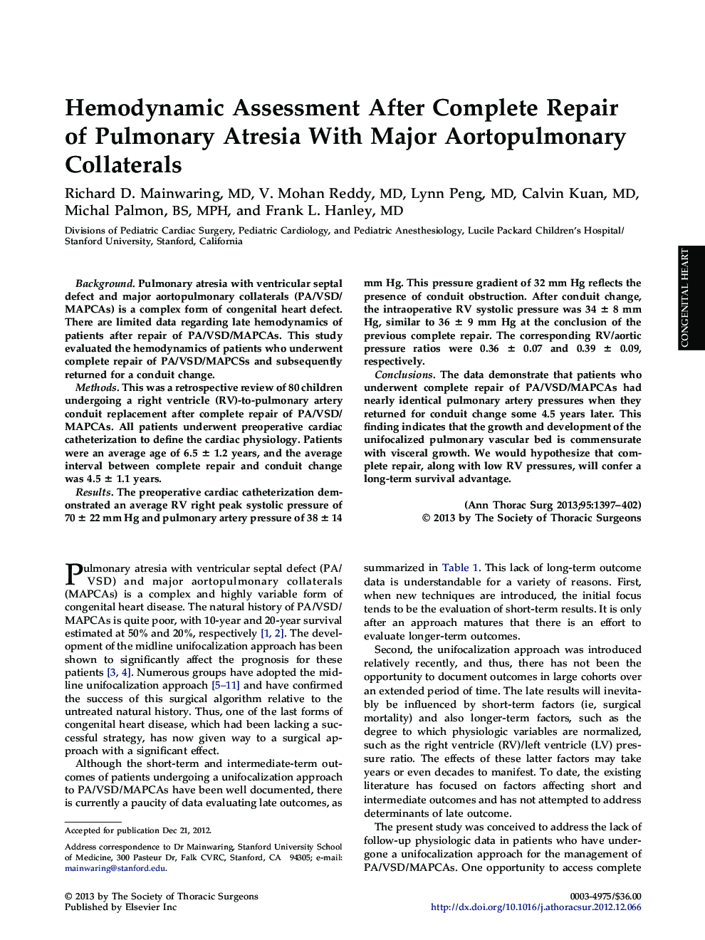 Hemodynamic Assessment After Complete Repair of Pulmonary Atresia With Major Aortopulmonary Collaterals