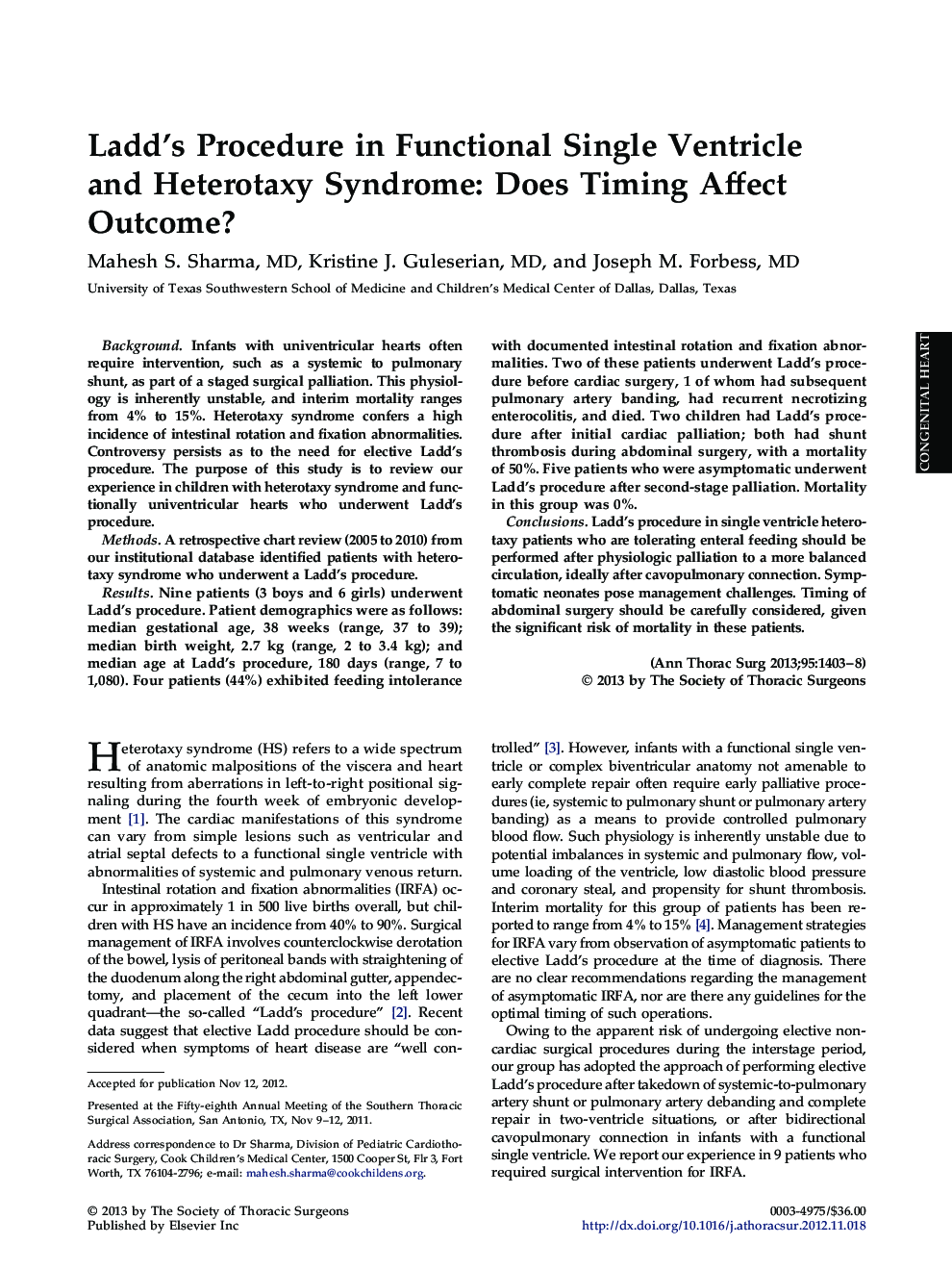 Ladd's Procedure in Functional Single Ventricle and Heterotaxy Syndrome: Does Timing Affect Outcome?