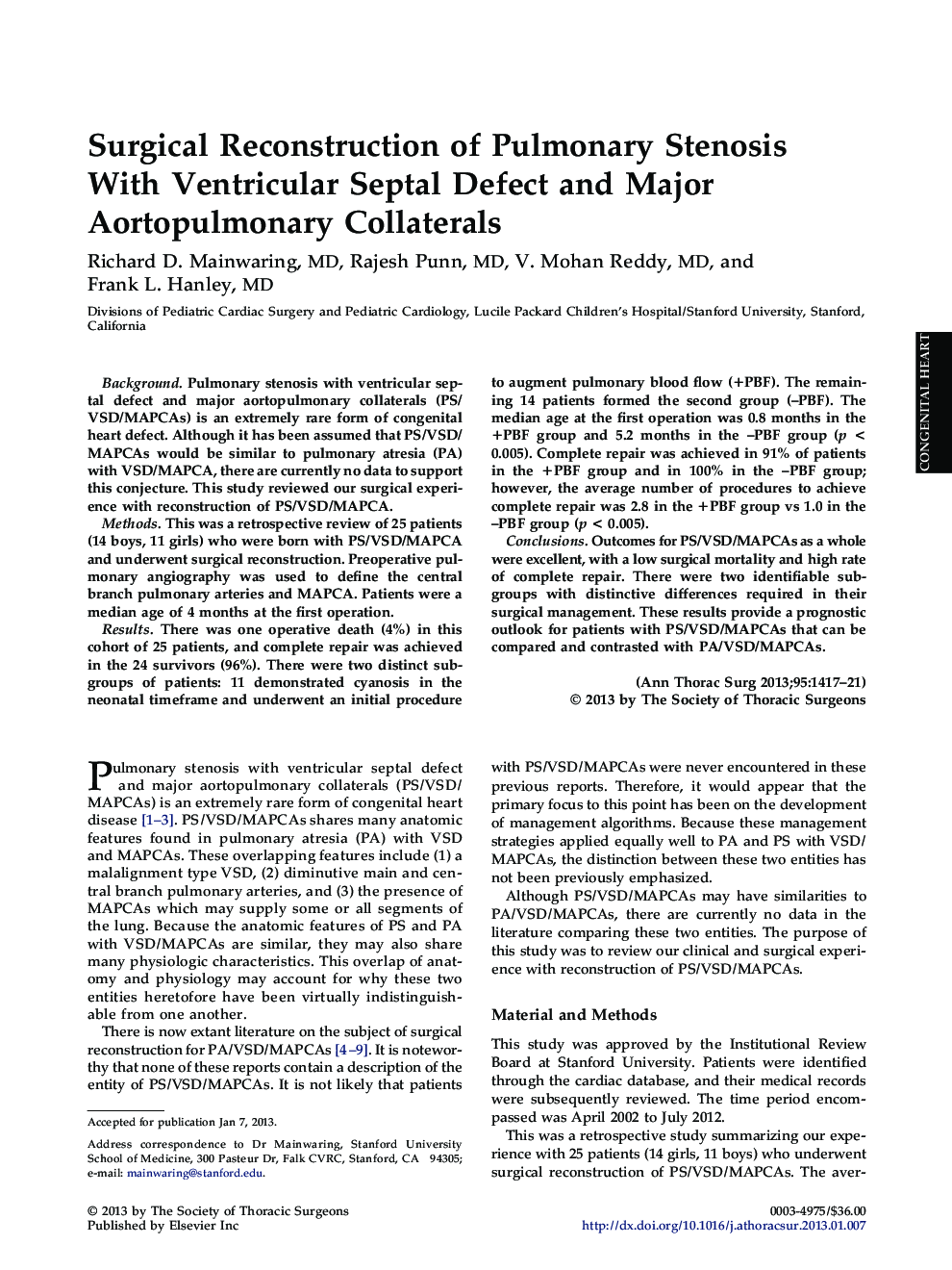 Surgical Reconstruction of Pulmonary Stenosis With Ventricular Septal Defect and Major Aortopulmonary Collaterals