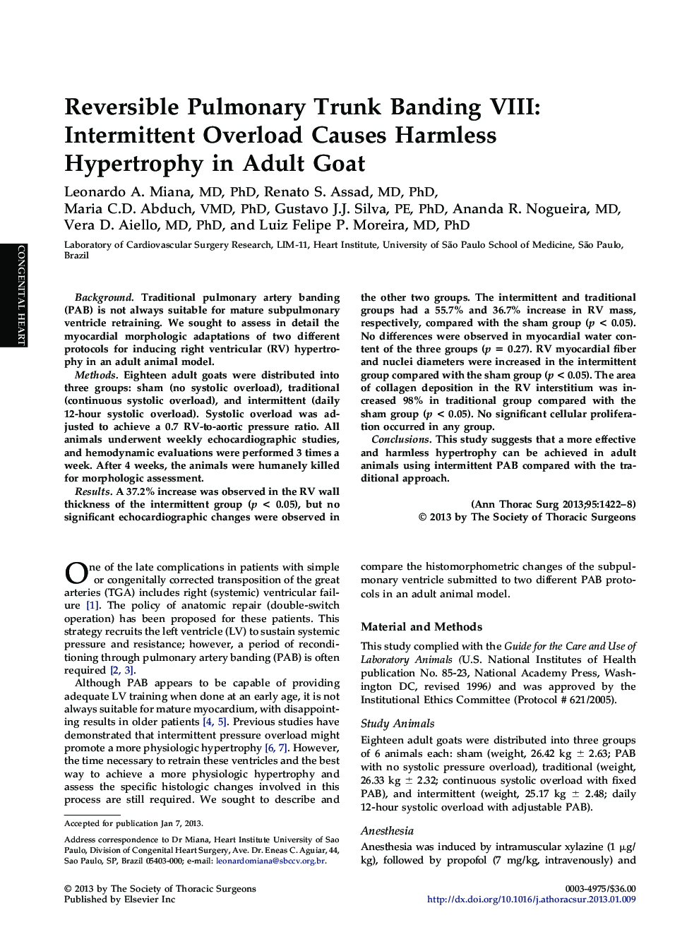 Reversible Pulmonary Trunk Banding VIII: Intermittent Overload Causes Harmless Hypertrophy in Adult Goat