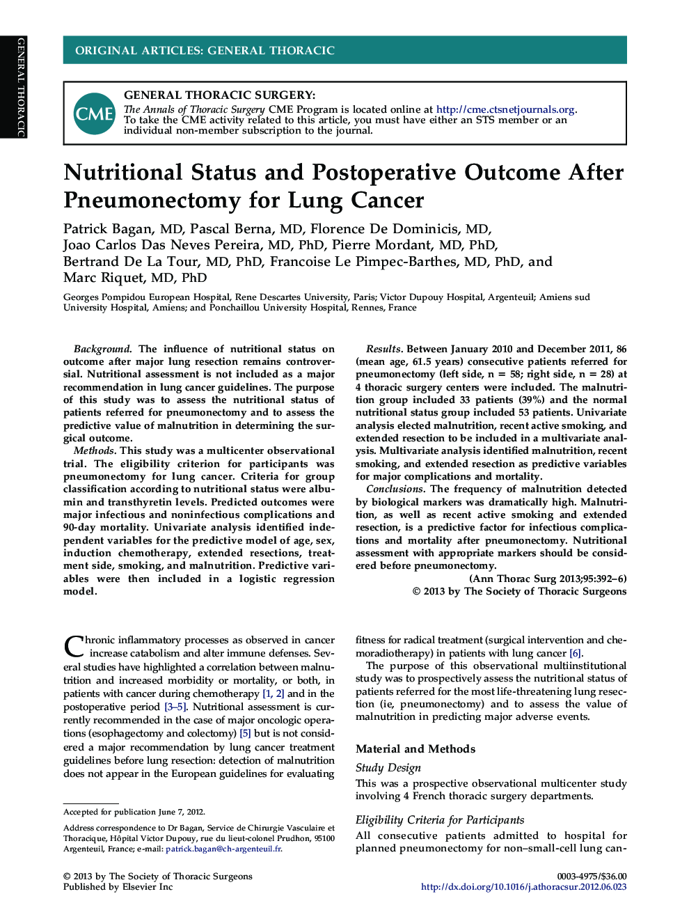 Nutritional Status and Postoperative Outcome After Pneumonectomy for Lung Cancer