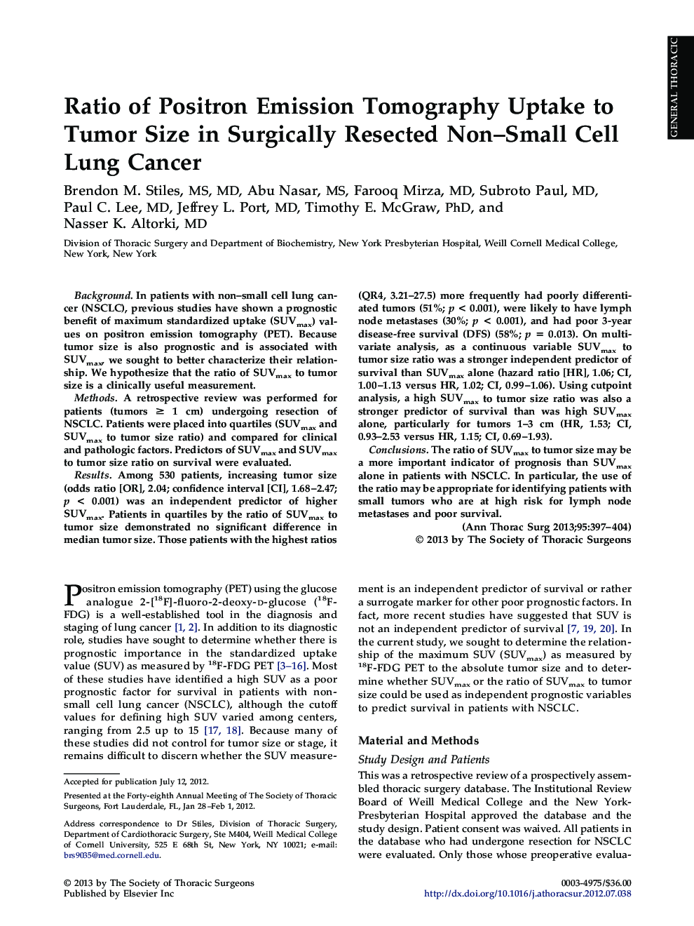 عکس صفحه اول مقاله: Ratio of Positron Emission Tomography Uptake to Tumor Size in Surgically Resected Non-Small Cell Lung Cancer Ratio of Positron Emission Tomography Uptake to Tumor Size in Surgically Resected Non-Small Cell Lung Cancer