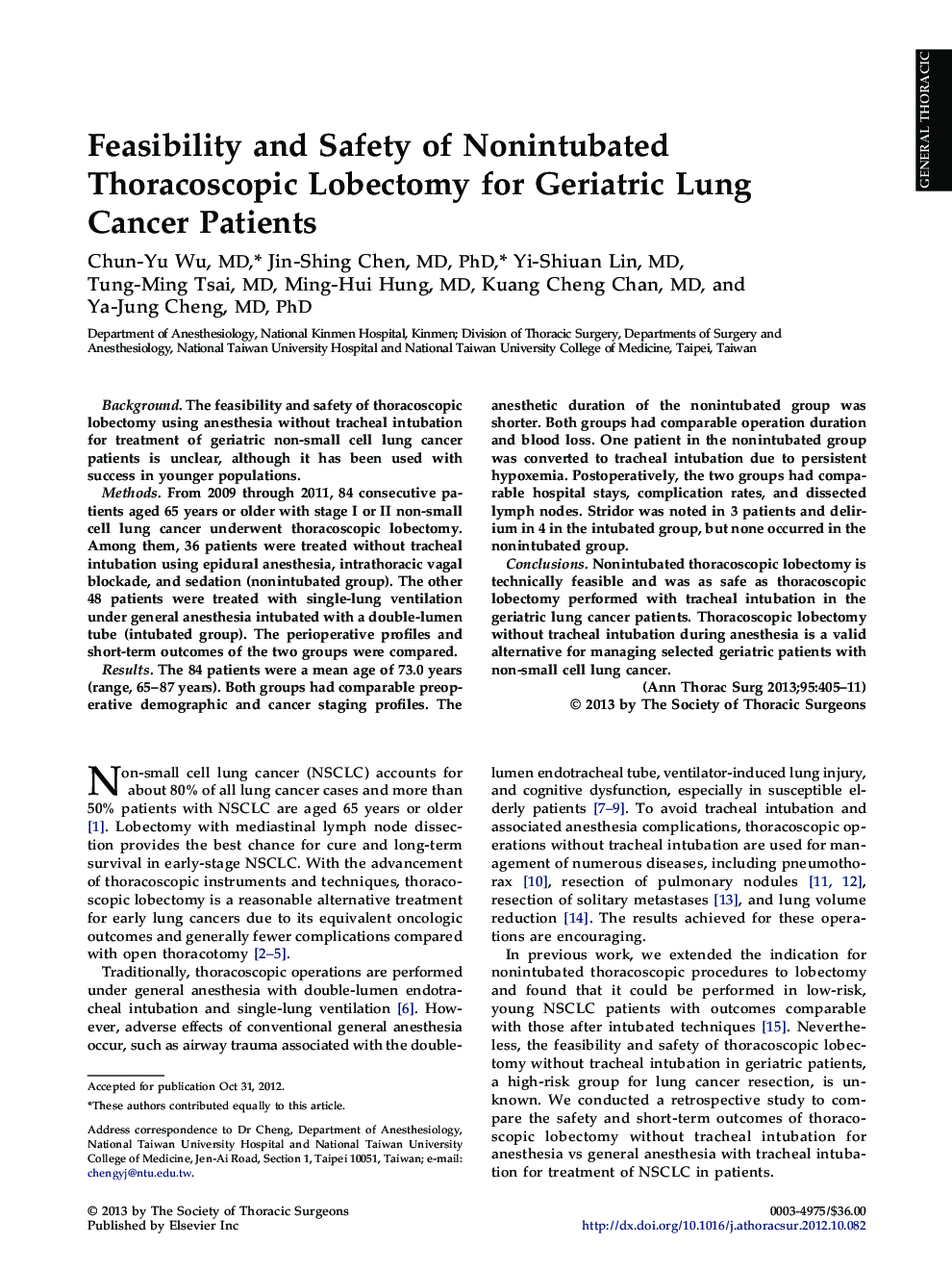 Feasibility and Safety of Nonintubated Thoracoscopic Lobectomy for Geriatric Lung Cancer Patients