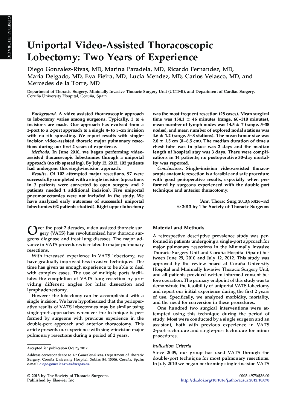 Uniportal Video-Assisted Thoracoscopic Lobectomy: Two Years of Experience