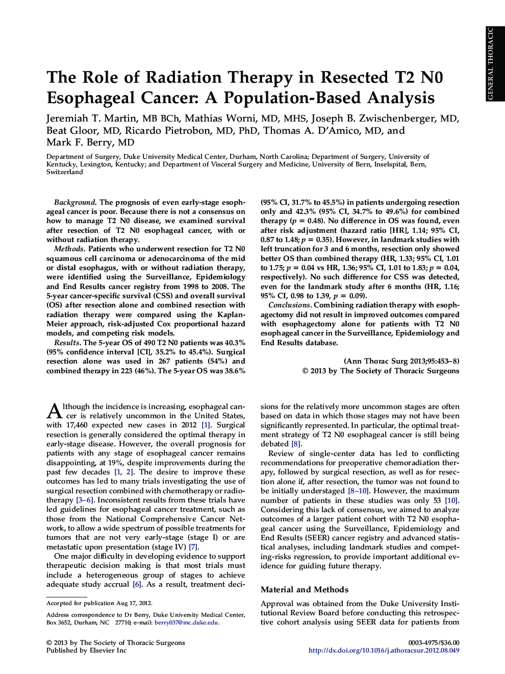 The Role of Radiation Therapy in Resected T2 N0 Esophageal Cancer: A Population-Based Analysis