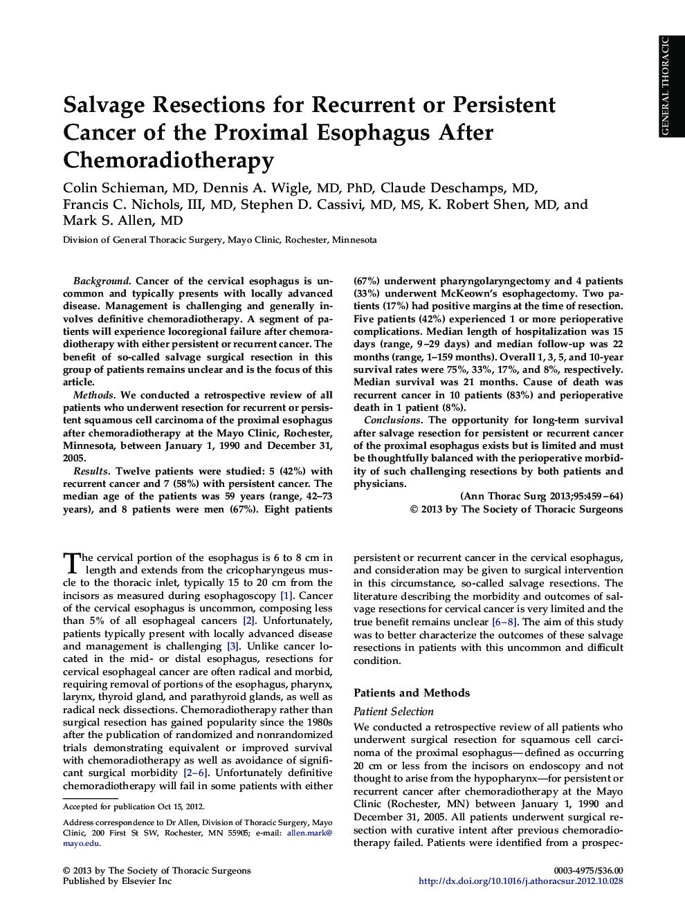 Salvage Resections for Recurrent or Persistent Cancer of the Proximal Esophagus After Chemoradiotherapy