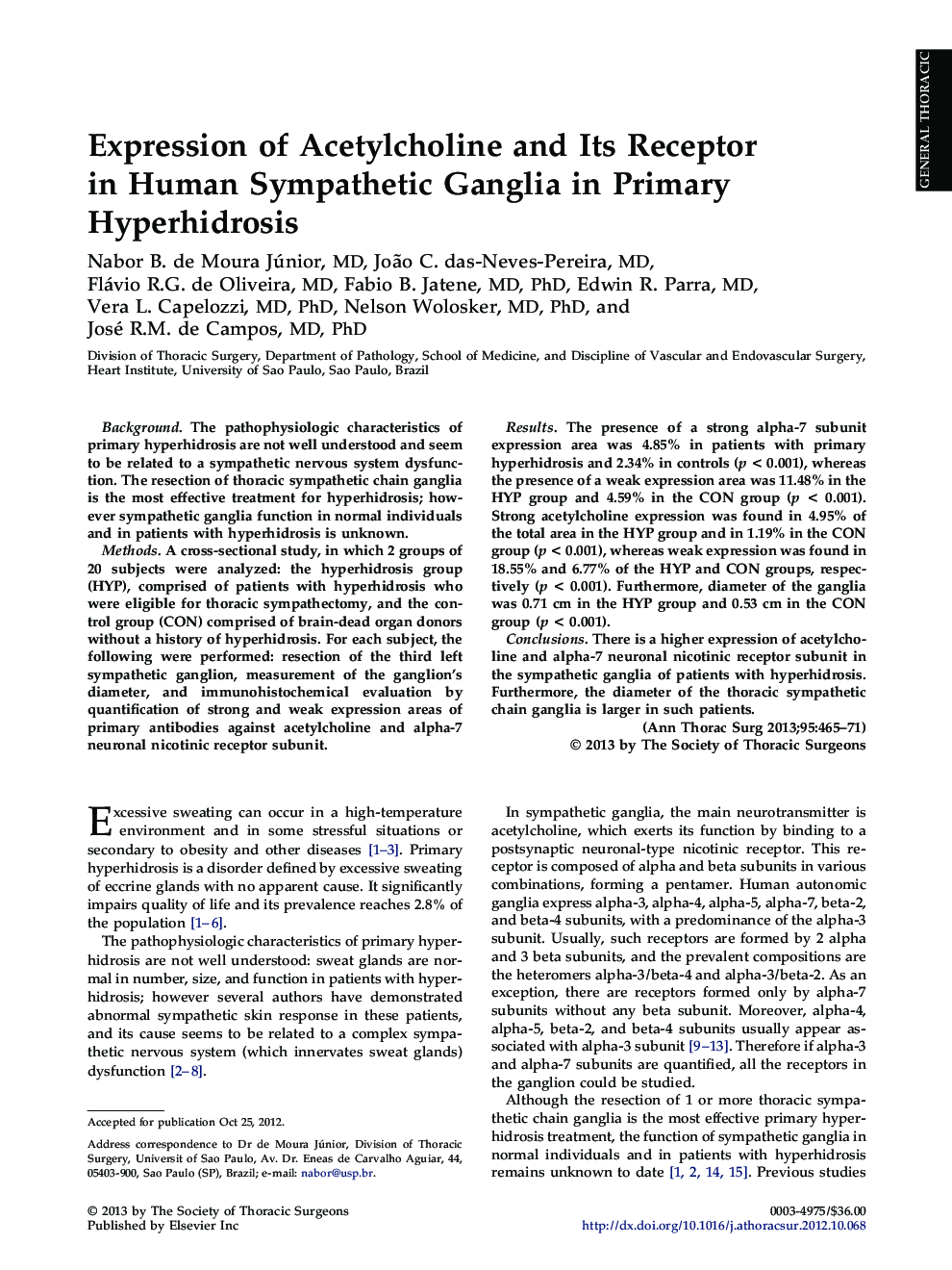 Expression of Acetylcholine and Its Receptor in Human Sympathetic Ganglia in Primary Hyperhidrosis