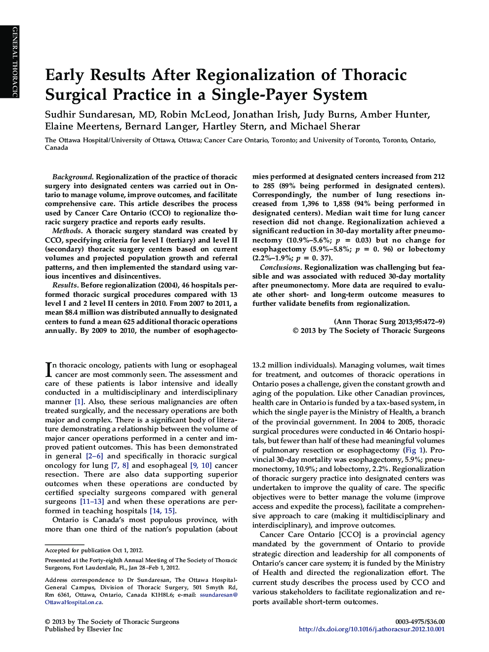 عکس صفحه اول مقاله: Early Results After Regionalization of Thoracic Surgical Practice in a Single-Payer System Early Results After Regionalization of Thoracic Surgical Practice in a Single-Payer System