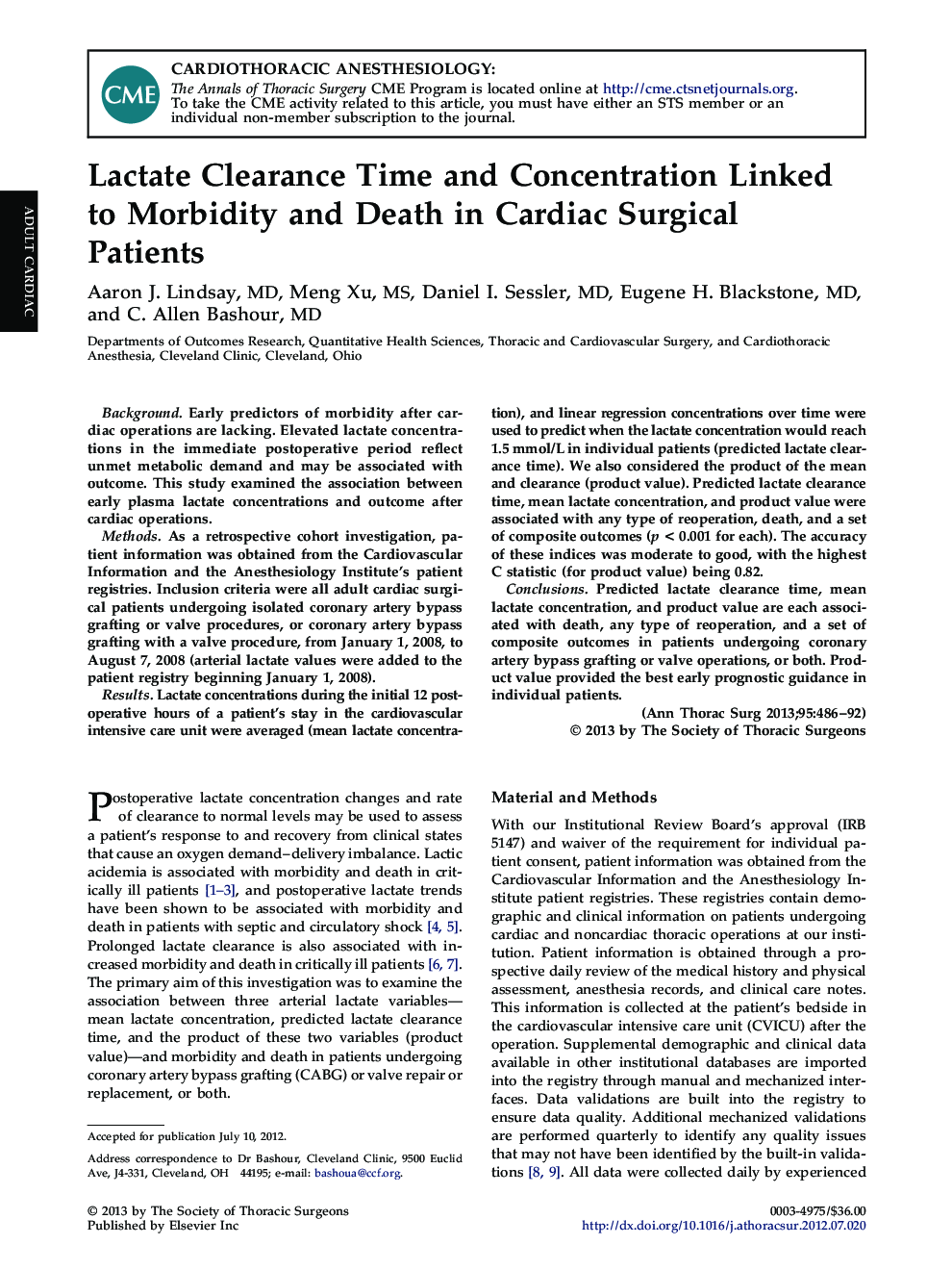 عکس صفحه اول مقاله: Lactate Clearance Time and Concentration Linked to Morbidity and Death in Cardiac Surgical Patients Lactate Clearance Time and Concentration Linked to Morbidity and Death in Cardiac Surgical Patients