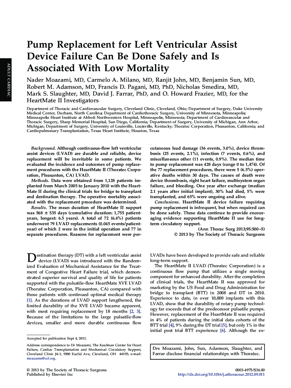 Pump Replacement for Left Ventricular Assist Device Failure Can Be Done Safely and Is Associated With Low Mortality