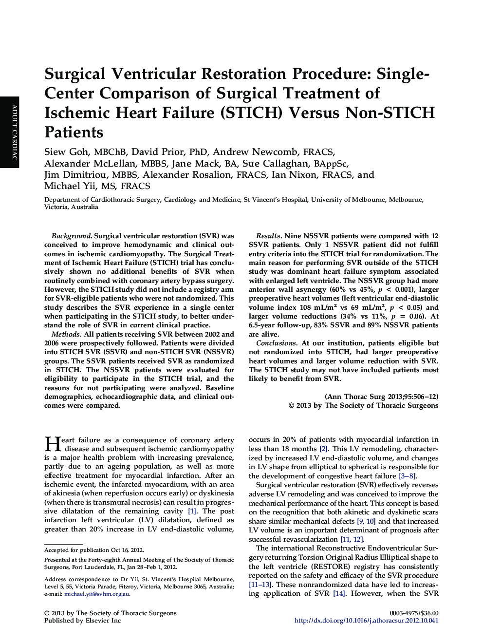 Surgical Ventricular Restoration Procedure: Single-Center Comparison of Surgical Treatment of Ischemic Heart Failure (STICH) Versus Non-STICH Patients