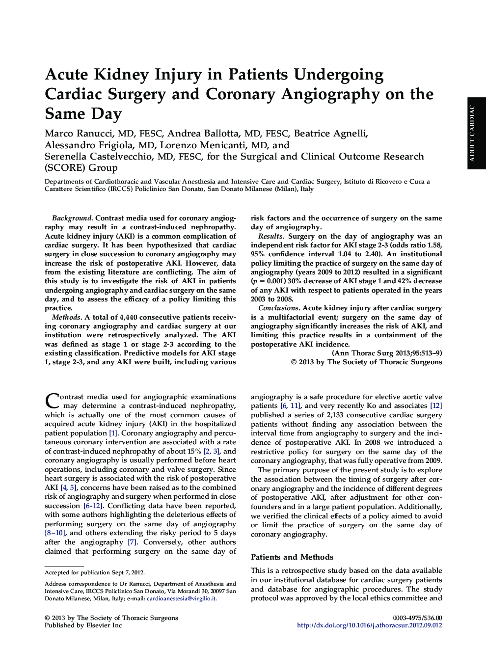 عکس صفحه اول مقاله: Acute Kidney Injury in Patients Undergoing Cardiac Surgery and Coronary Angiography on the Same Day Acute Kidney Injury in Patients Undergoing Cardiac Surgery and Coronary Angiography on the Same Day