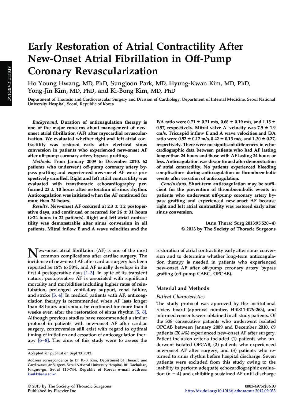 Early Restoration of Atrial Contractility After New-Onset Atrial Fibrillation in Off-Pump Coronary Revascularization