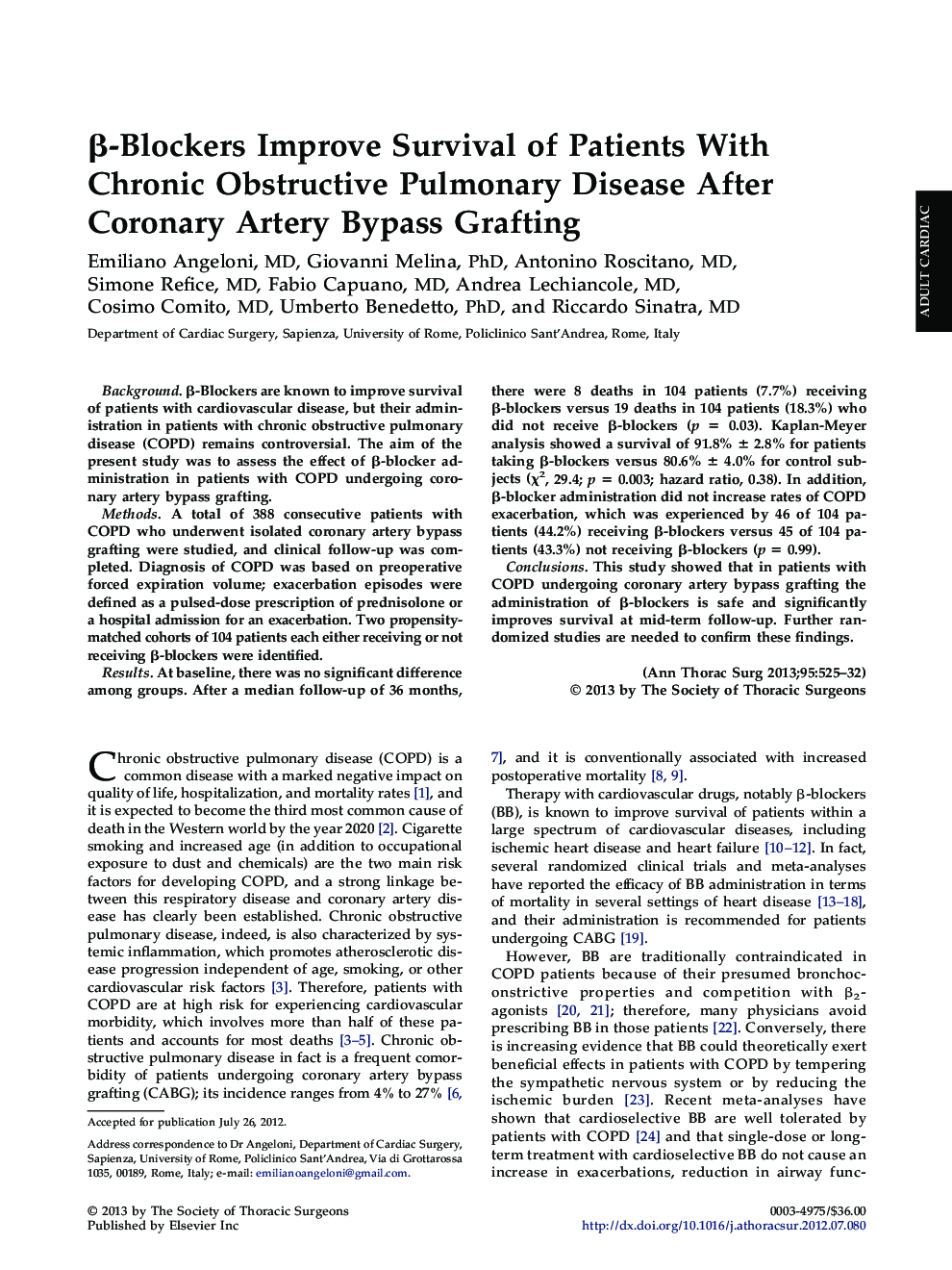 Î²-Blockers Improve Survival of Patients With Chronic Obstructive Pulmonary Disease After Coronary Artery Bypass Grafting