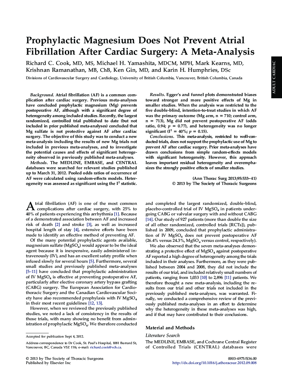 عکس صفحه اول مقاله: Prophylactic Magnesium Does Not Prevent Atrial Fibrillation After Cardiac Surgery: A Meta-Analysis Prophylactic Magnesium Does Not Prevent Atrial Fibrillation After Cardiac Surgery: A Meta-Analysis