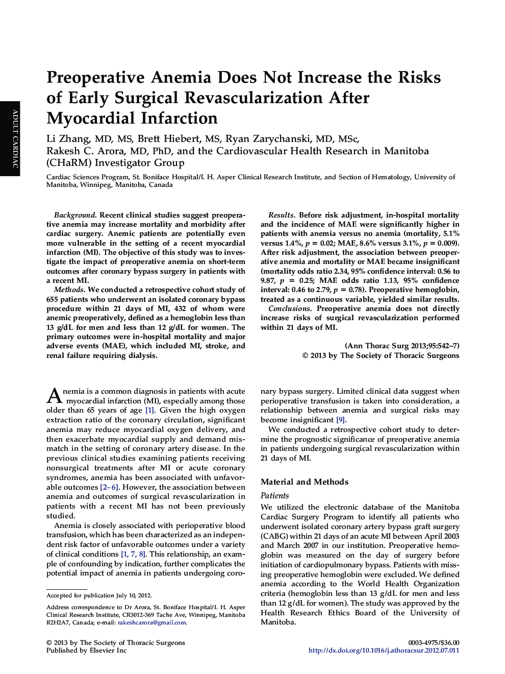 Preoperative Anemia Does Not Increase the Risks of Early Surgical Revascularization After Myocardial Infarction