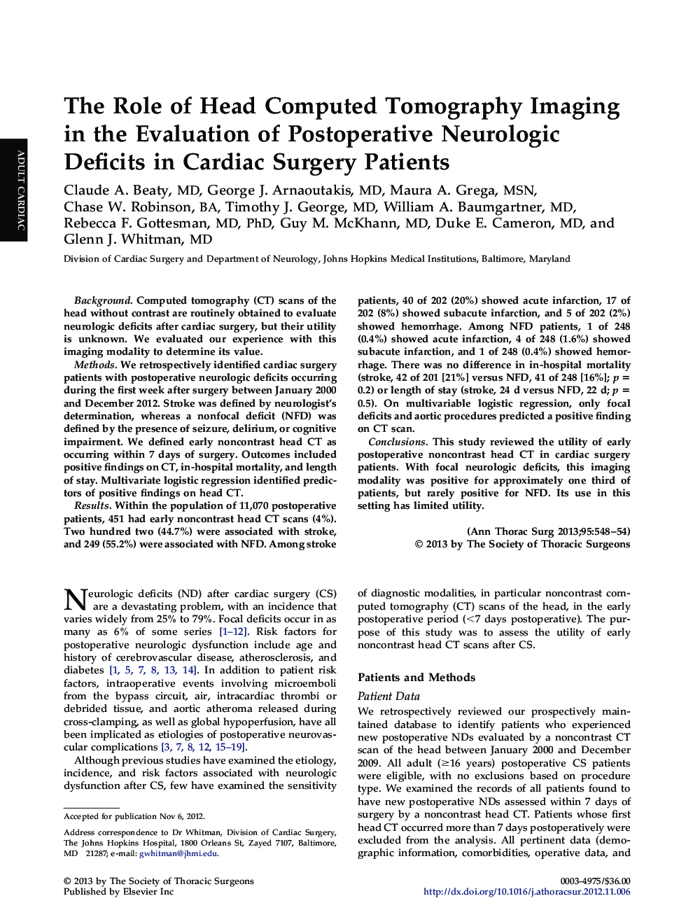 The Role of Head Computed Tomography Imaging in the Evaluation of Postoperative Neurologic Deficits in Cardiac Surgery Patients