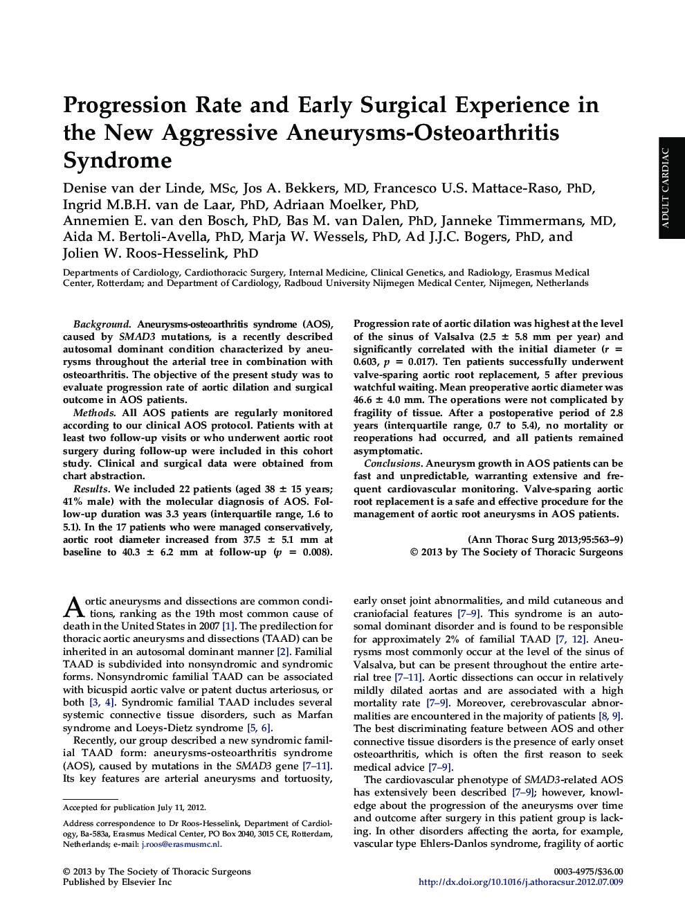 Progression Rate and Early Surgical Experience in the New Aggressive Aneurysms-Osteoarthritis Syndrome