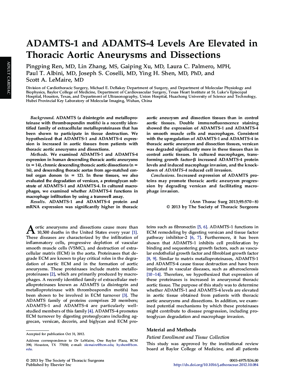 ADAMTS-1 and ADAMTS-4 Levels Are Elevated in Thoracic Aortic Aneurysms and Dissections
