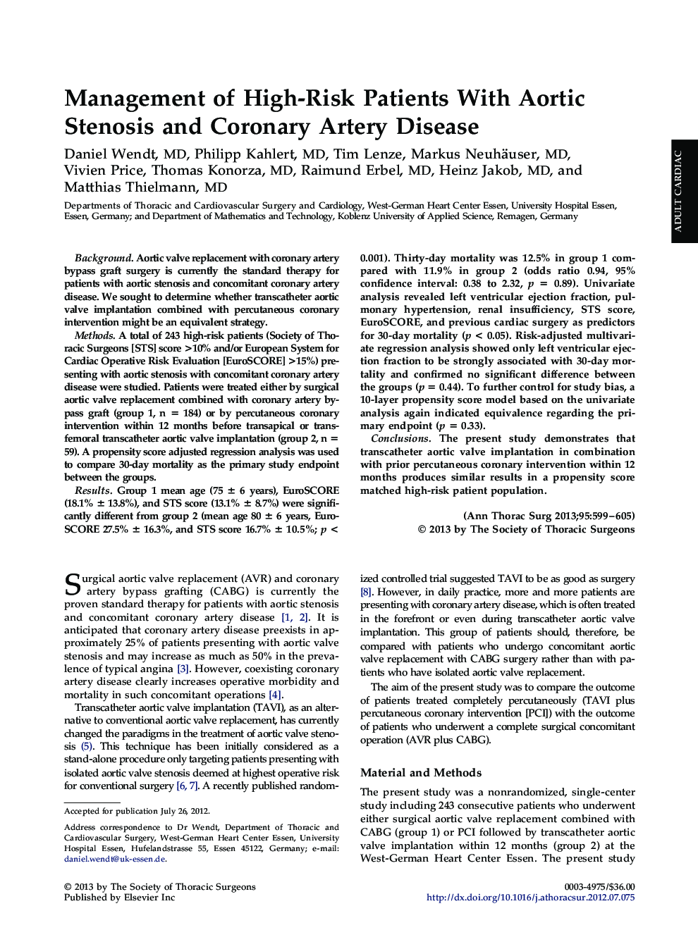 Management of High-Risk Patients With Aortic Stenosis and Coronary Artery Disease