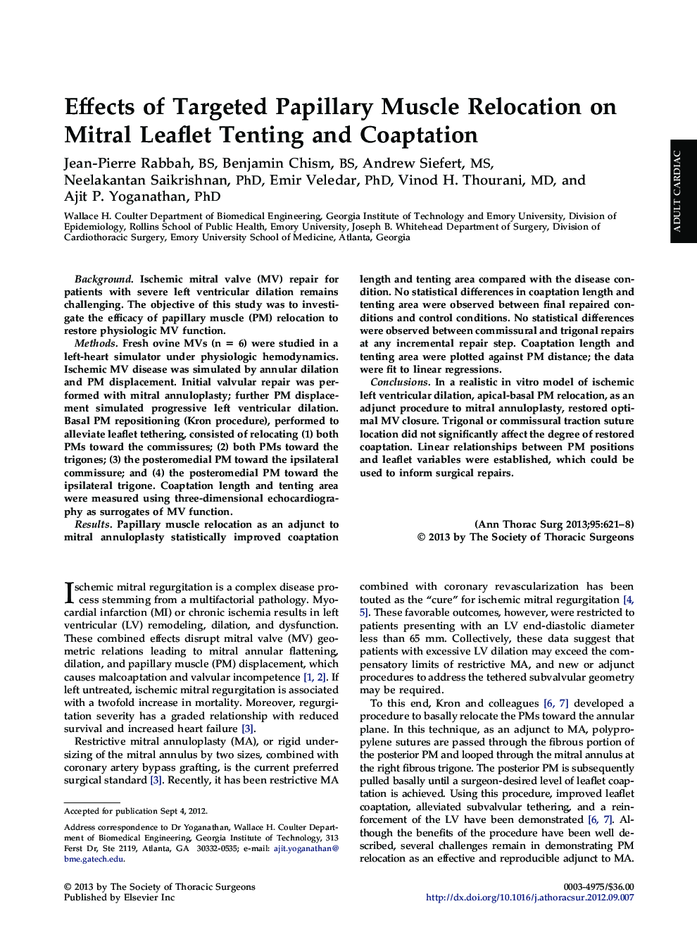 عکس صفحه اول مقاله: Effects of Targeted Papillary Muscle Relocation on Mitral Leaflet Tenting and Coaptation Effects of Targeted Papillary Muscle Relocation on Mitral Leaflet Tenting and Coaptation