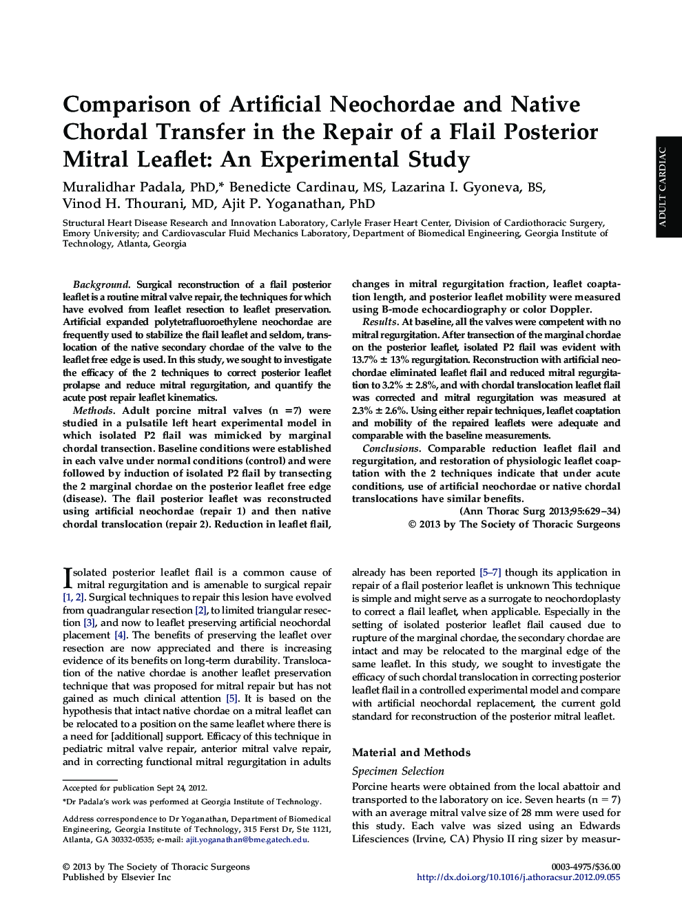 Comparison of Artificial Neochordae and Native Chordal Transfer in the Repair of a Flail Posterior Mitral Leaflet: An Experimental Study