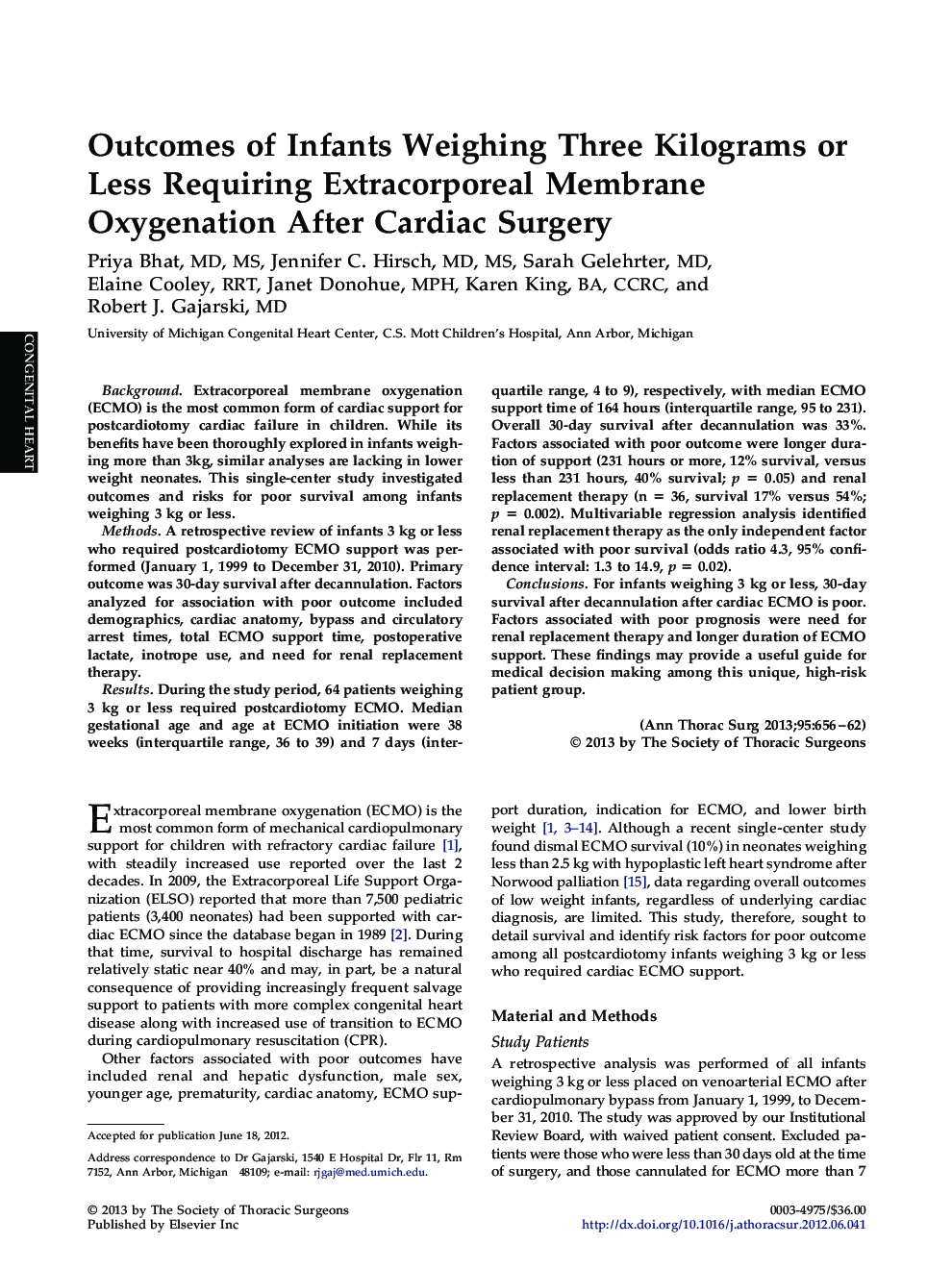 عکس صفحه اول مقاله: Outcomes of Infants Weighing Three Kilograms or Less Requiring Extracorporeal Membrane Oxygenation After Cardiac Surgery Outcomes of Infants Weighing Three Kilograms or Less Requiring Extracorporeal Membrane Oxygenation After Cardiac Surgery