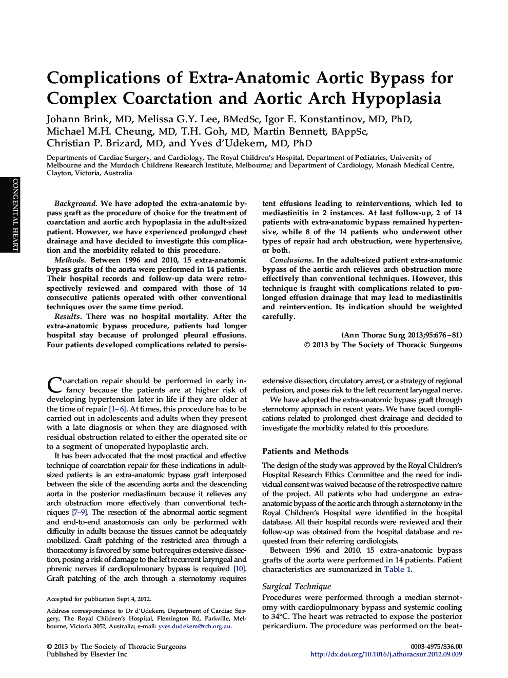Complications of Extra-Anatomic Aortic Bypass for Complex Coarctation and Aortic Arch Hypoplasia