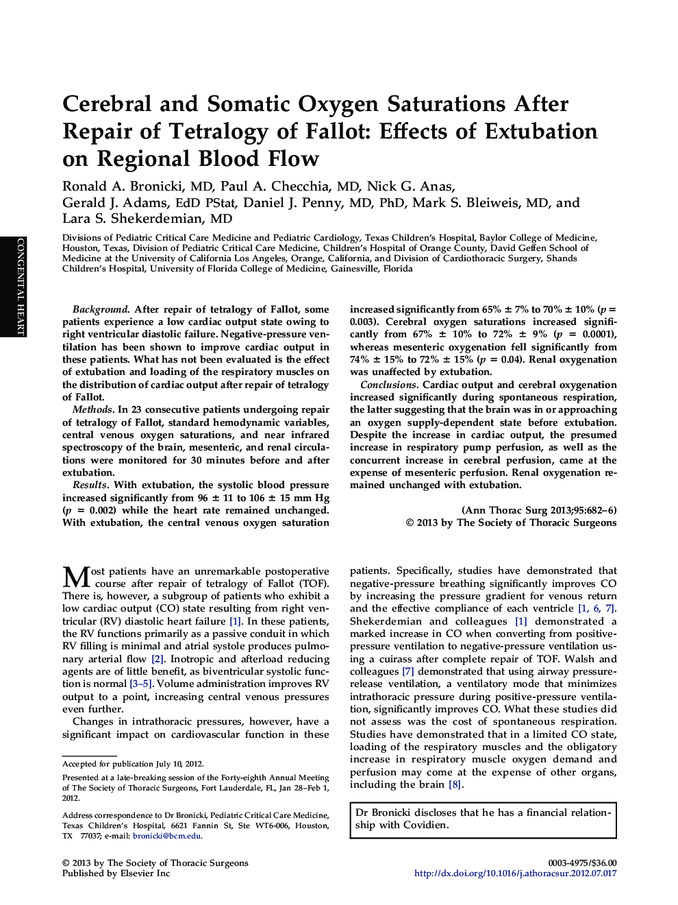 Cerebral and Somatic Oxygen Saturations After Repair of Tetralogy of Fallot: Effects of Extubation on Regional Blood Flow