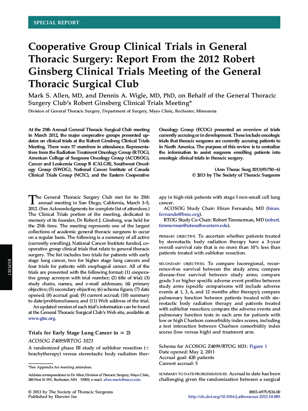 عکس صفحه اول مقاله: Cooperative Group Clinical Trials in General Thoracic Surgery: Report From the 2012 Robert Ginsberg Clinical Trials Meeting of the General Thoracic Surgical Club Cooperative Group Clinical Trials in General Thoracic Surgery: Report From the 2012 Robert Ginsberg Clinical Trials Meeting of the General Thoracic Surgical Club