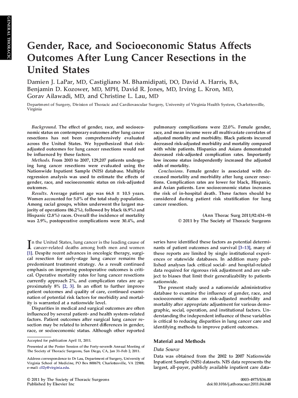 Gender, Race, and Socioeconomic Status Affects Outcomes After Lung Cancer Resections in the United States
