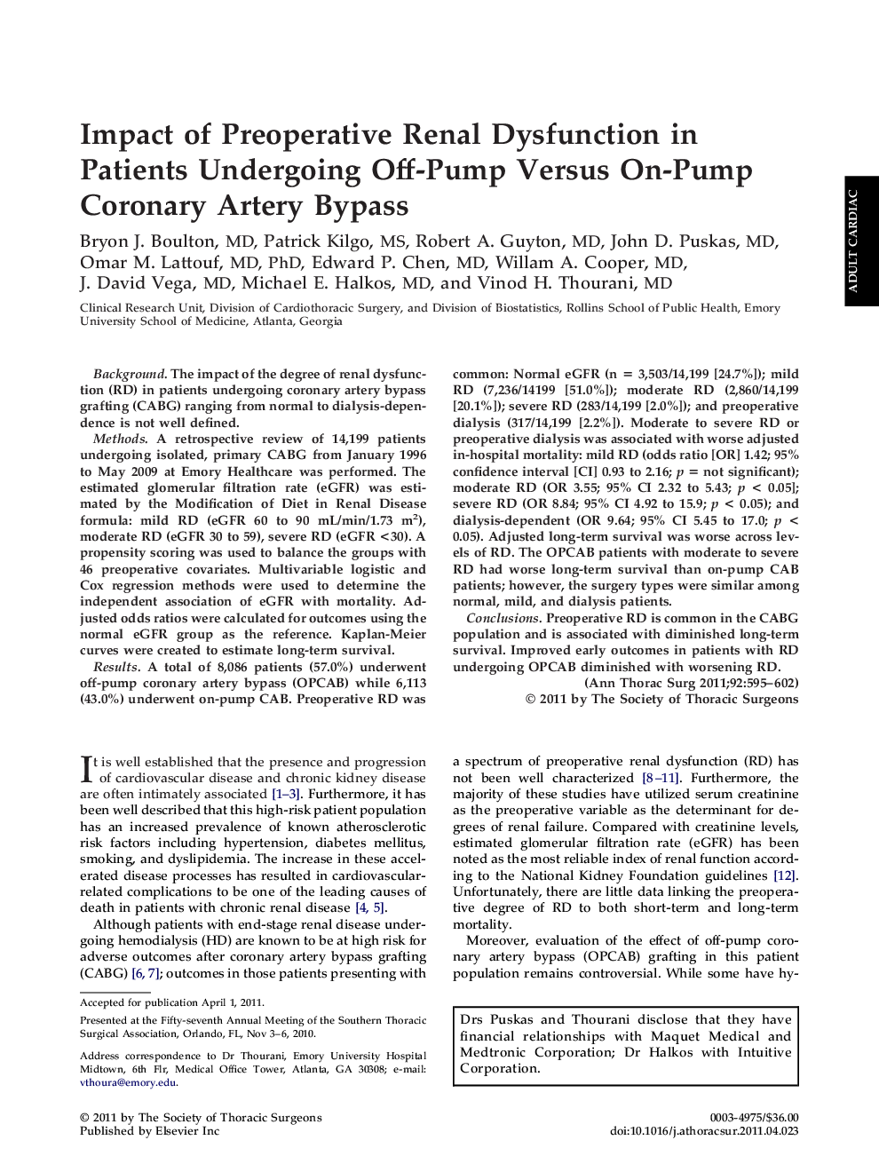 Impact of Preoperative Renal Dysfunction in Patients Undergoing Off-Pump Versus On-Pump Coronary Artery Bypass